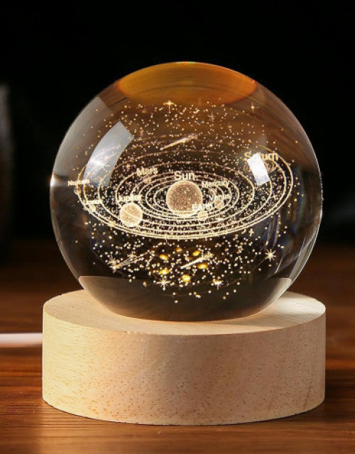 3D Crystal Ball Night Light - Warm White LED with Wooden Base